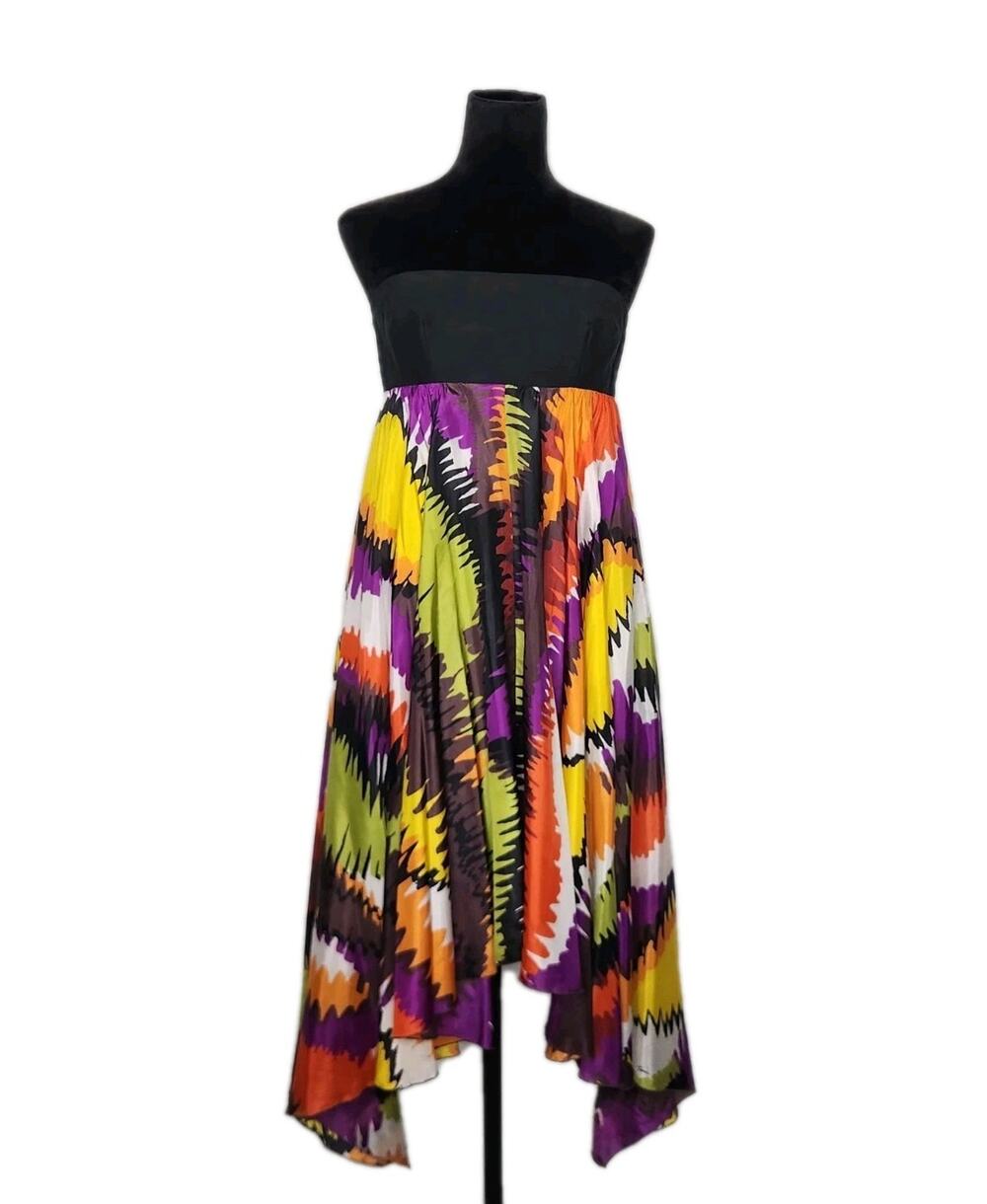 Trina Turk Asymmetrical Handkerchief Hem Silk Strapless Dress Retro Bold Print 6
